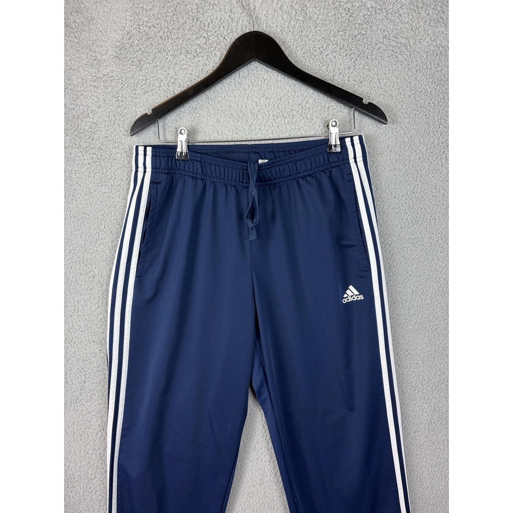 Adidas Pants Mens Large Blue 3 Stripe Track Knit Elastic Waist Pockets Rugby Men